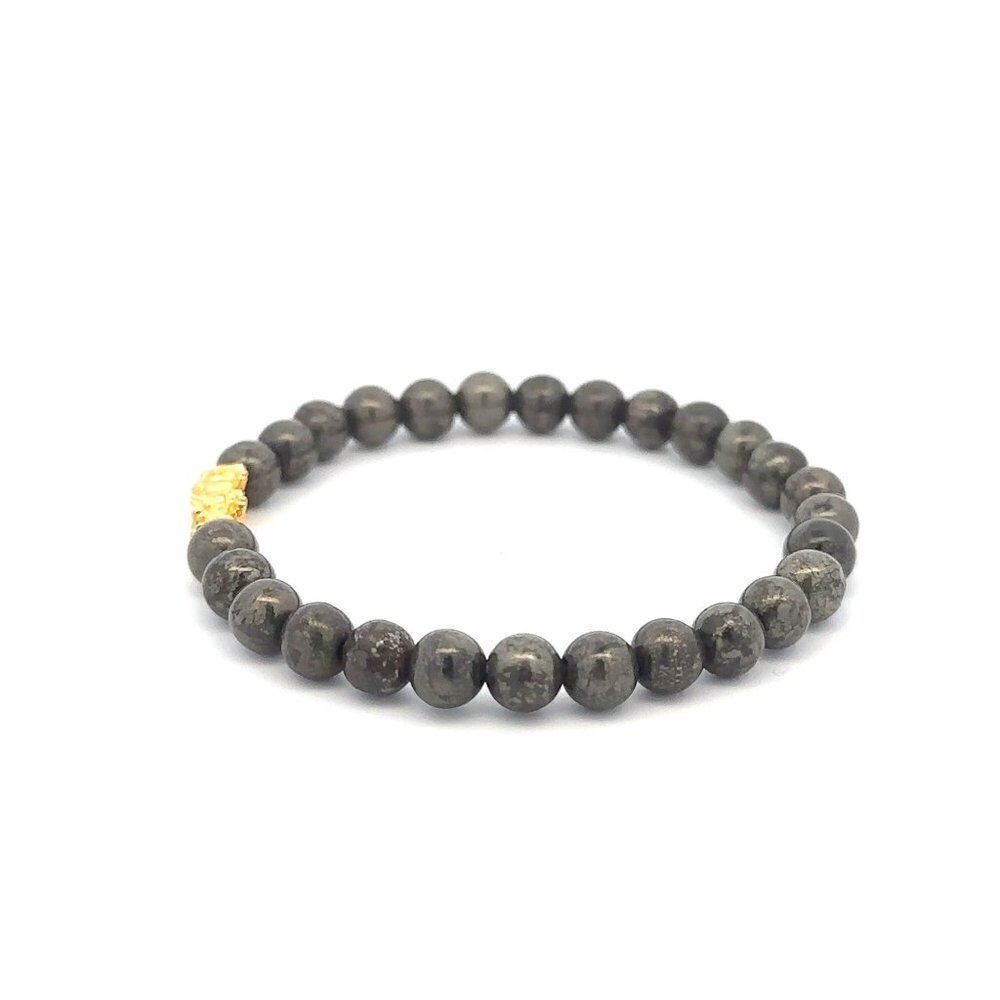 18K Gold Pixiu Piyao Bracelet Elastic Natural Gemstones Pyrite 6mm - Picture 4 of 5